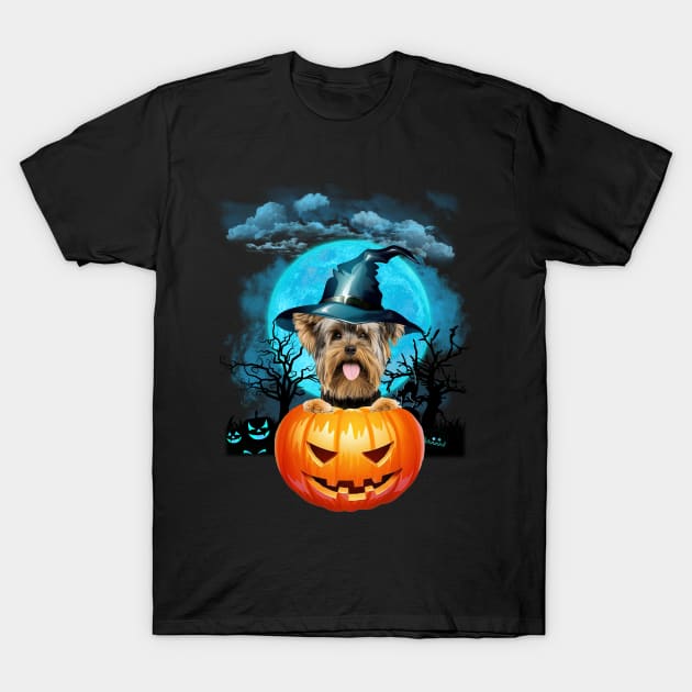 Yorkshire Terrier Witch Hat Pumpkin And Blue Moon Halloween T-Shirt by PlumleelaurineArt